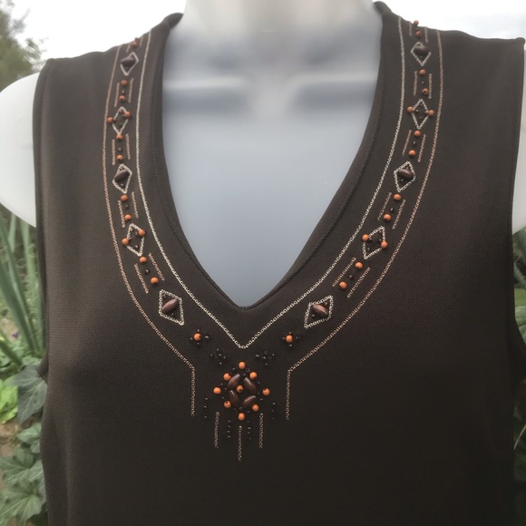 Loft - Lovely brown midi v-neck dress with beads neck, Size S - Picture 3 of 4
